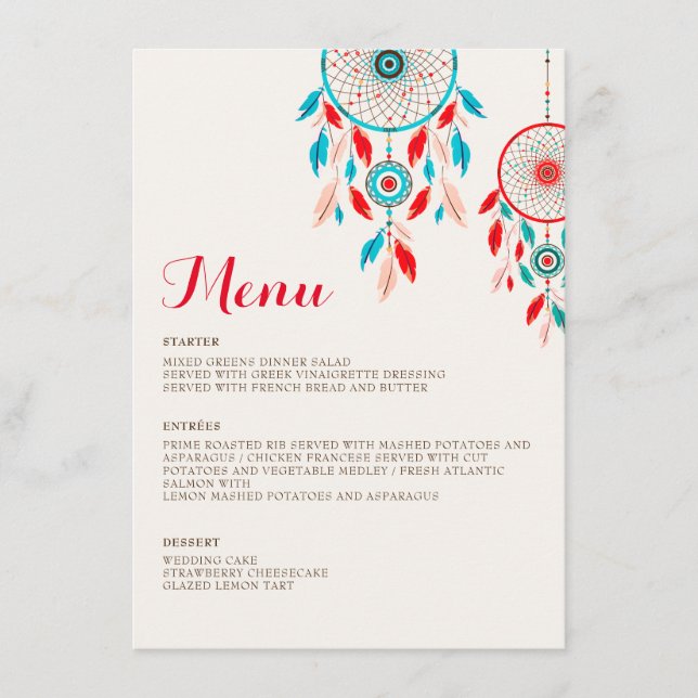 Menu Mariage de Dreamcatcher en plumes de la tribu Boho (Devant)