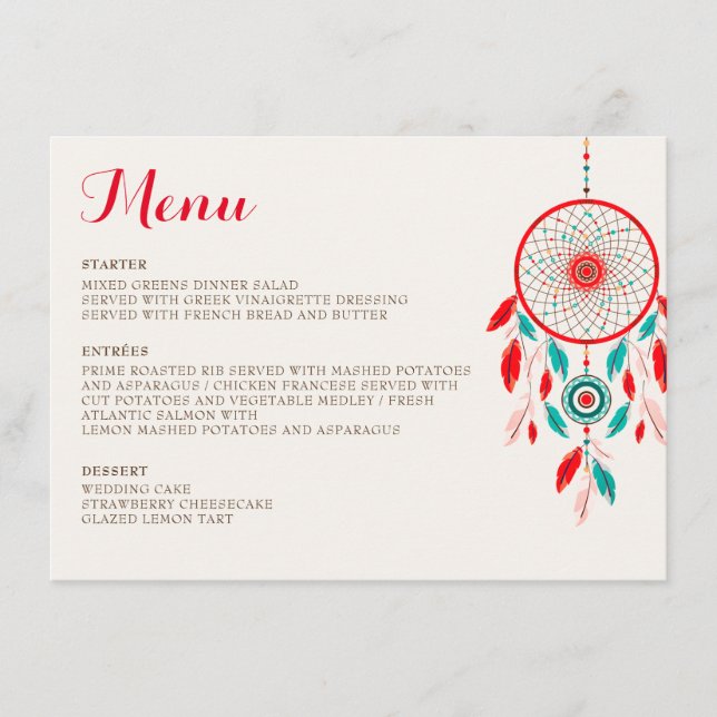 Menu Mariage de Dreamcatcher en plumes de la tribu Boho (Devant)