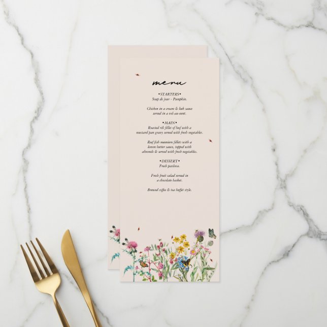 Menu Mariage de Fleur sauvage d'aquarelle Jardin & Inse (Devant/Arrière en situation)