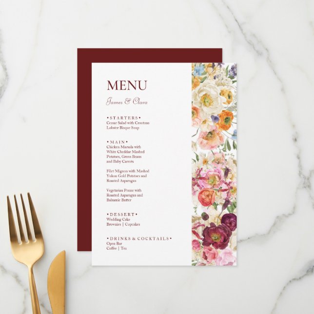 Menu MARIAGE de fleurs magnifiques (Devant/Arrière en situation)