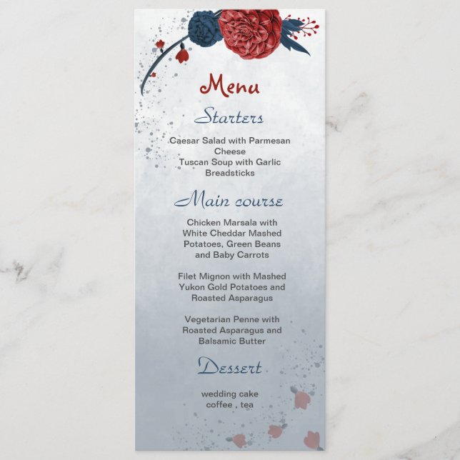 Menu mariage de fleurs marine et bordeaux (Devant)