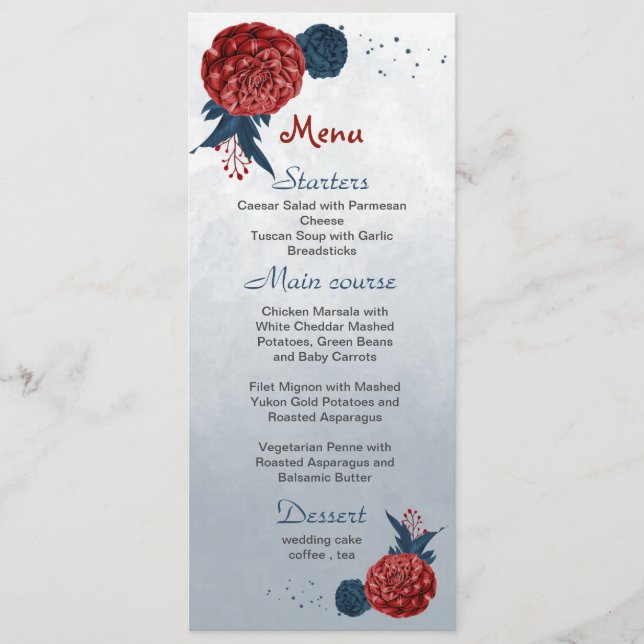 Menu mariage de fleurs marine et bordeaux (Devant)