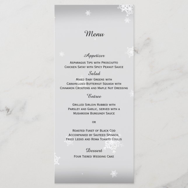 Menu Mariage de flocons de neige blanc et argenté (Devant)