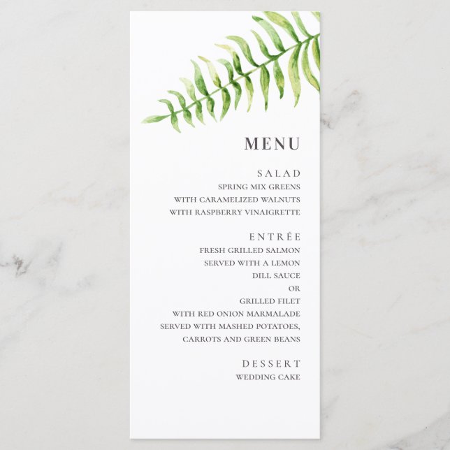 Menu Mariage de fougère aquarelle. Botanique de verdure (Devant)