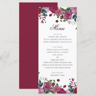 Menu Mariage de jardin fleuri violet bordeaux. Plum ros