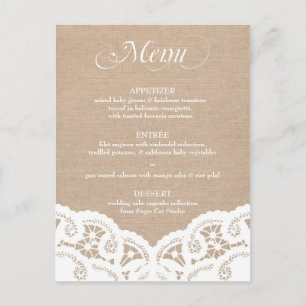 Menu Mariage de la dentelle blanche Burlap