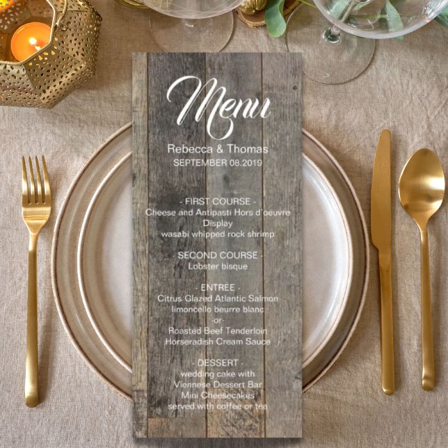 Menu mariage de la grange à grains de bois rustique de  (rustic western country woodgrain barn wedding menu)