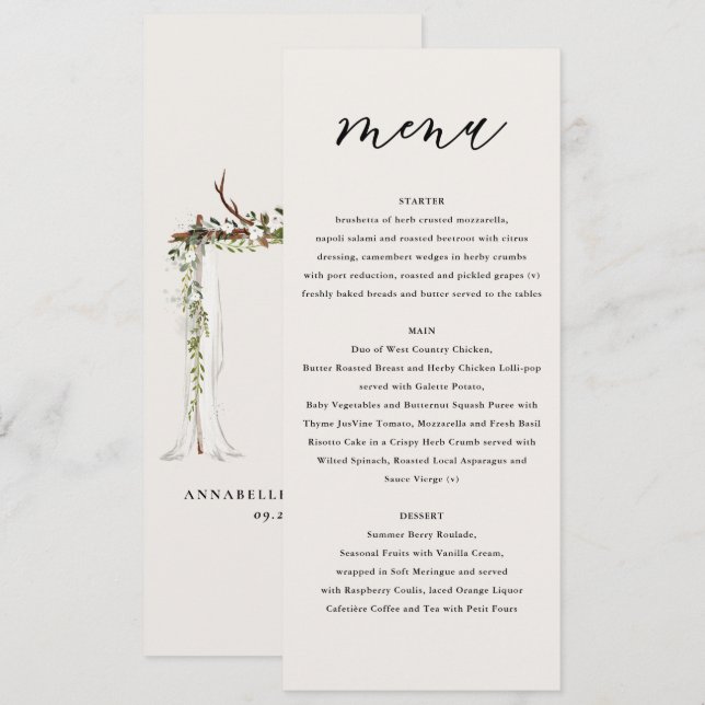 Menu mariage de la grange de cerf et de fleurs blanches (Devant / Derrière)