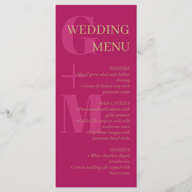 Menu Mariage de la typographie rose Fuchsia (Devant)