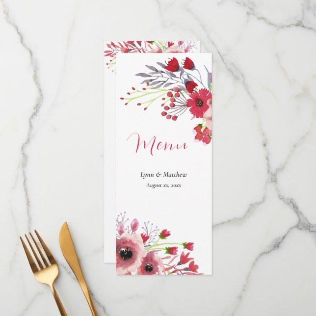 Menu Mariage de l'aquarelle de printemps Pavot rouge fl (Devant/Arrière en situation)