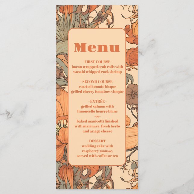 Menu Mariage de l'Art Nouveau Floral Orange Brûlé (Devant)