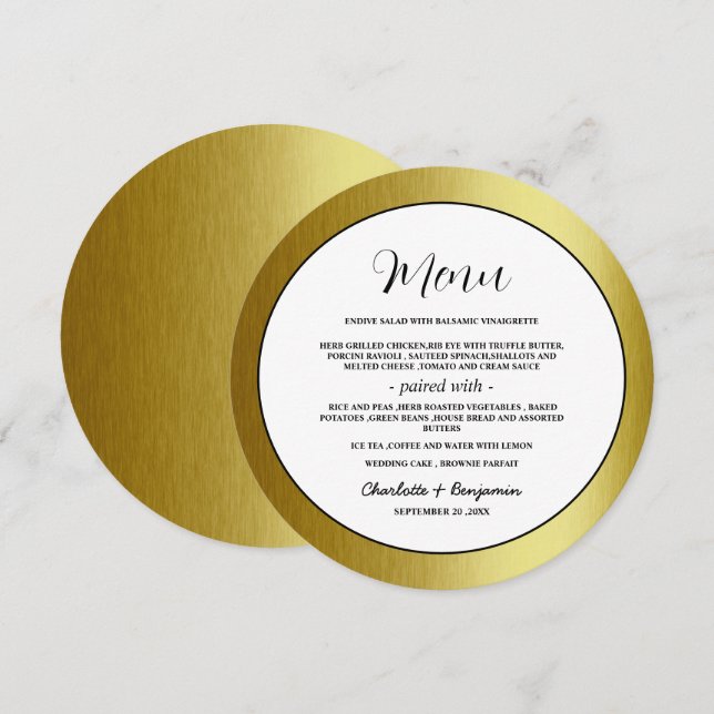 Menu Mariage de luxe Metallic Gold Round (Devant / Derrière)