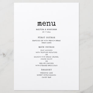 Menu mariage de machine à écrire minimaliste vintage