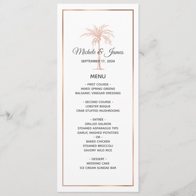 Menu Mariage de Marbre blanc rose Gold Copper Palm Tree (Devant)