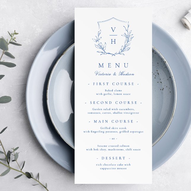 Menu Mariage de monogramme bleu simple de crête botaniq (Blue simple botanical crest monogram wedding Menu)