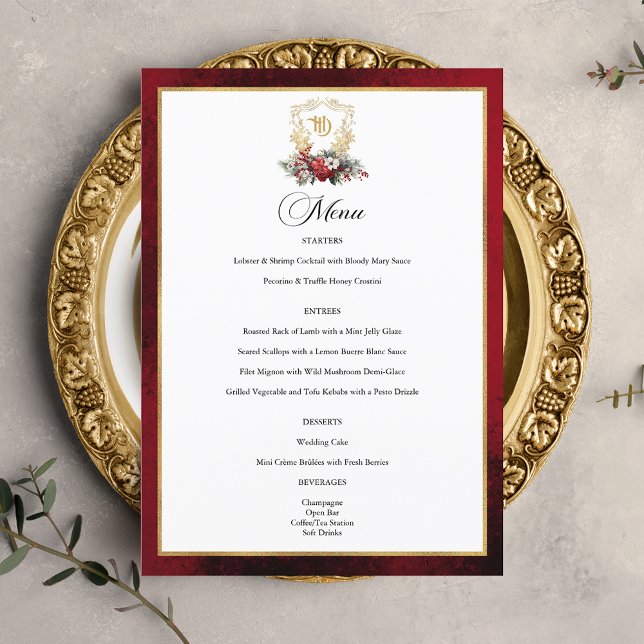 Menu Mariage de monogramme de crête florale de Noël cla (Créateur téléchargé)