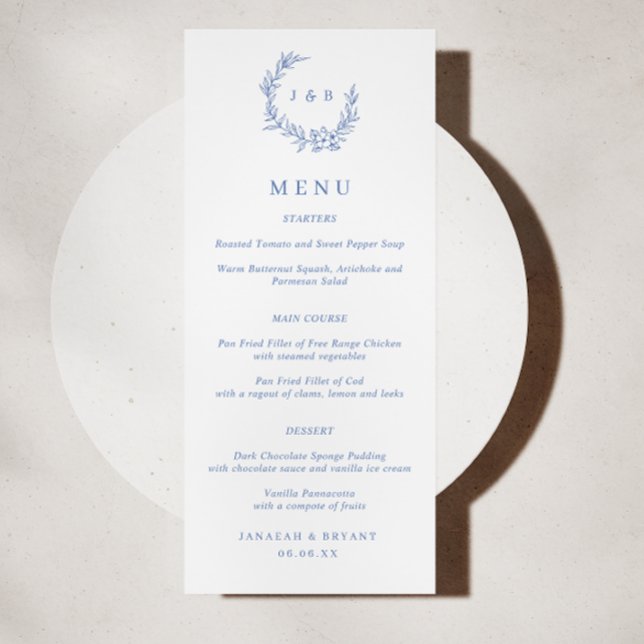 Menu Mariage de monogramme de fleurs bleues (Créateur téléchargé)