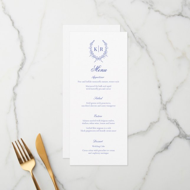 Menu Mariage de monogramme de poignets bleu et ruban (Devant/Arrière en situation)