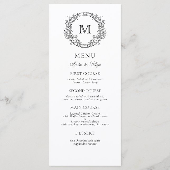Menu Mariage de monogramme de poitrine noire et blanche (Devant)