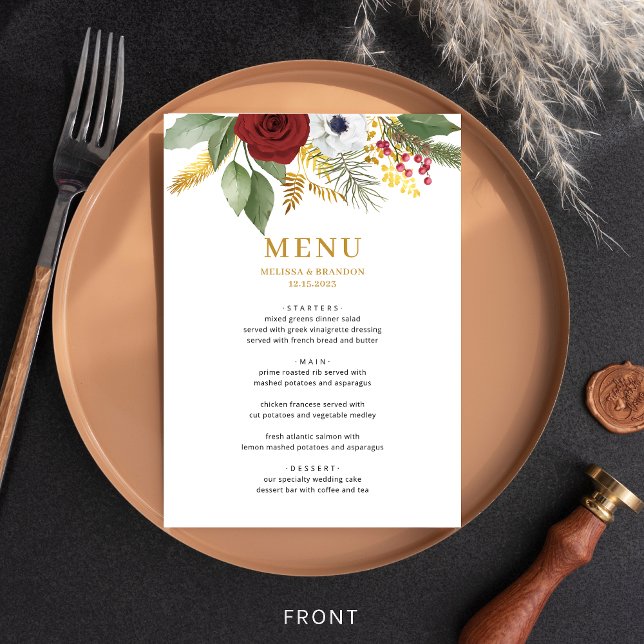 Menu Mariage de monogramme floral or rouge gras (Créateur téléchargé)