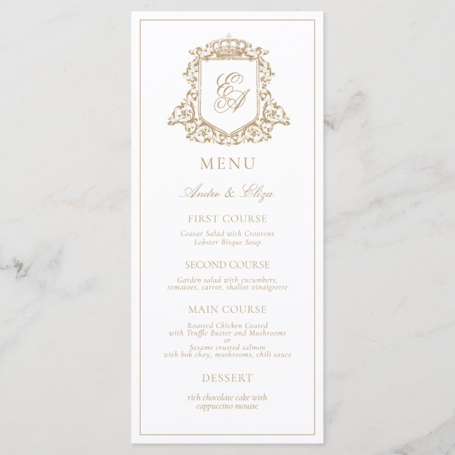 Menu Mariage de monographie royale or et blanc (Devant)