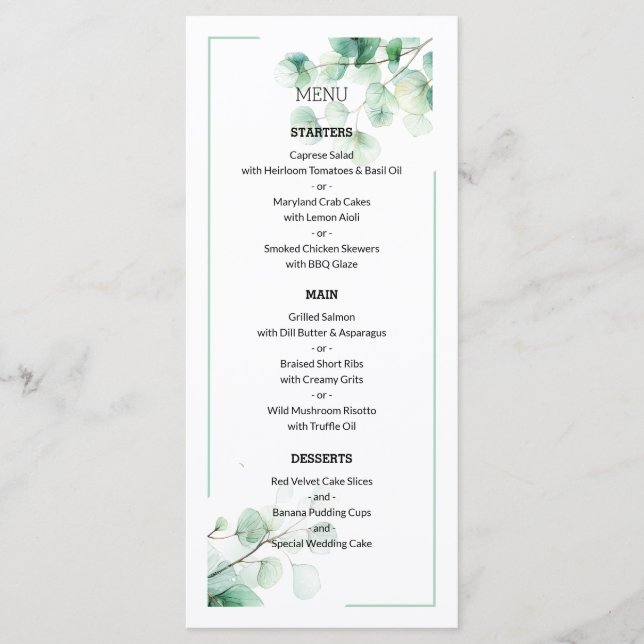 Menu Mariage de Motif naturel vert moderne (Devant)