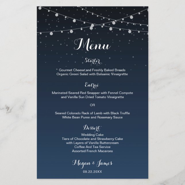 Menu Mariage de nuit bleu étoile de la Marine céle (Devant)