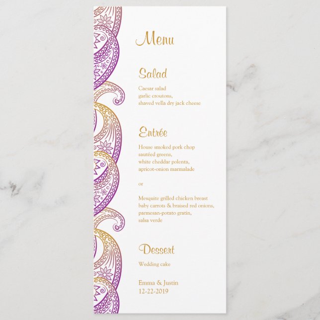 Menu Mariage de Paisley indien violet et or (Devant)