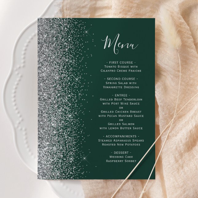 Menu Mariage de Parties scintillant en argent vert émer (Créateur téléchargé)
