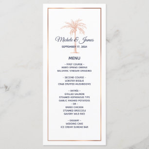Menu Mariage de plage avec palmier en or rose et cuivre