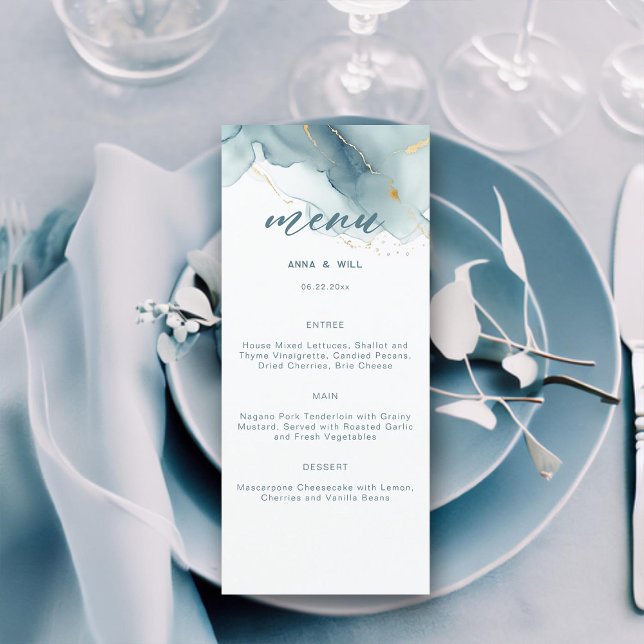 Menu Mariage de plage d'été Dusty Blue Gold moderne (dusty blue gold teal modern beach wedding menu romantic bohemian chic summer)