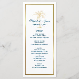 Menu Mariage de plage Tropical Blue Gold Palm Tree