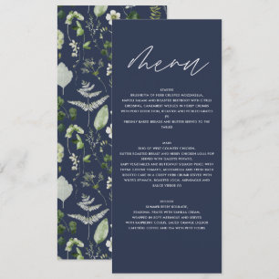 Menu Mariage de script botanique moderne bleu marine