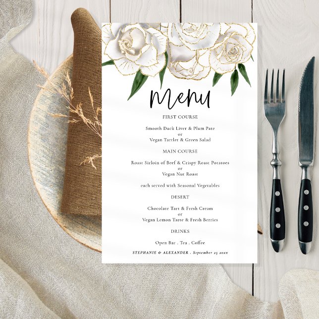 Menu Mariage de script Budget White Gold Florals (Créateur téléchargé)