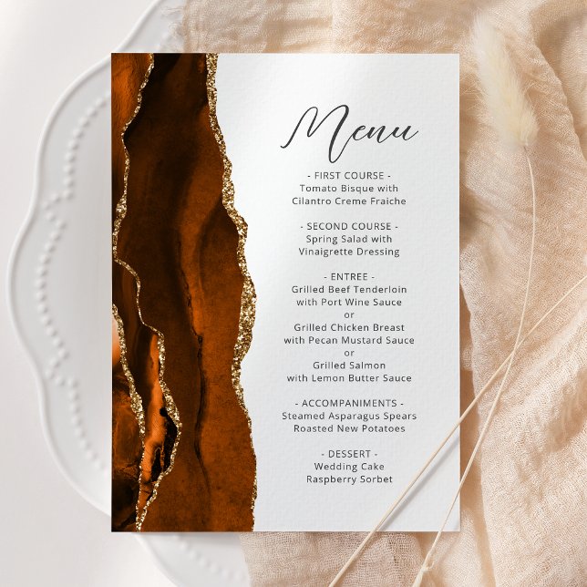 Menu Mariage de script d'agate or orange brûlé (Créateur téléchargé)