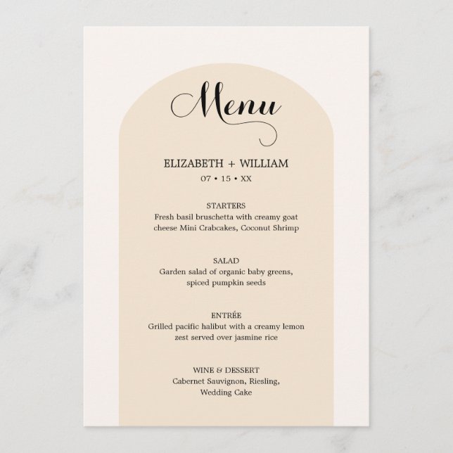Menu Mariage de script de cadre en arche beige de sable (Devant)