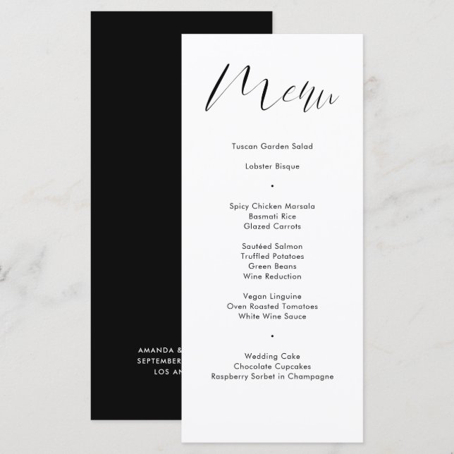 Menu Mariage de script de calligraphie noir délicat (Devant / Derrière)
