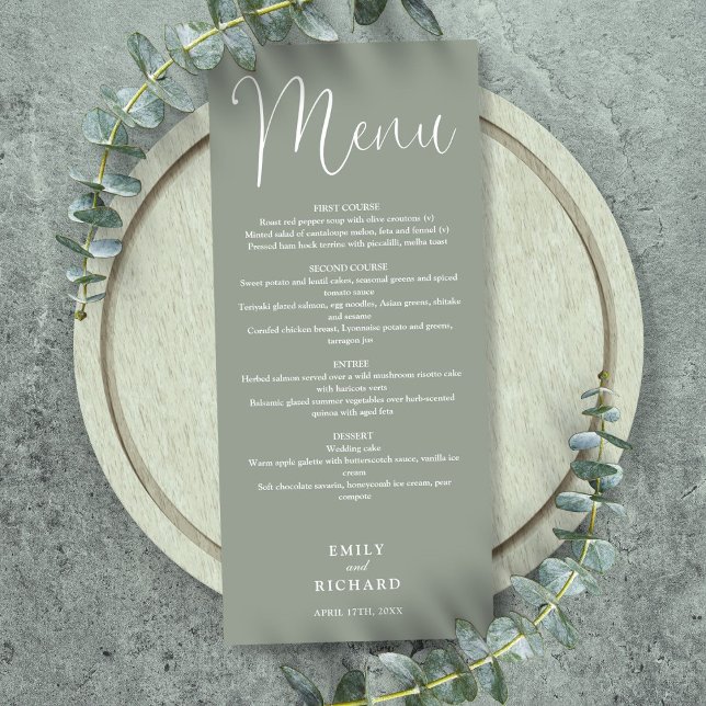 Menu Mariage de script de calligraphie verte Sage (Sage Green Calligraphy Script Wedding Menu)