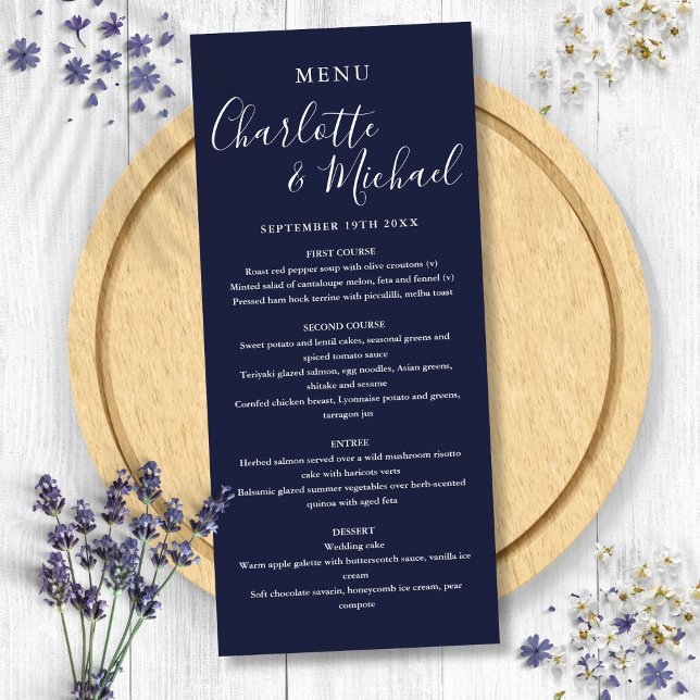 Menu Mariage de script de signature élégant bleu marine (Navy Blue Elegant Signature Script Wedding Menu)
