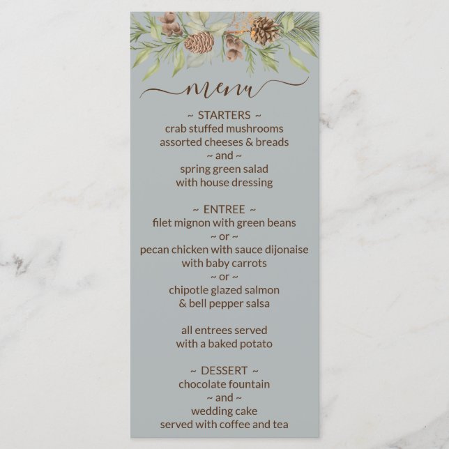 Menu Mariage de script élégant gris hiver (Devant)