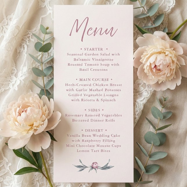 Menu Mariage de script élégant rose-Dusty (minimalist dusty pink peony wedding menu card in modern script calligraphy)