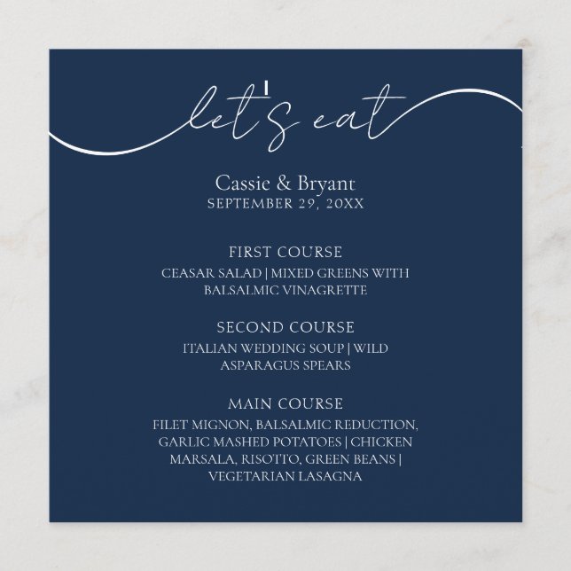 Menu Mariage de script moderne bleu marine unique (Devant)