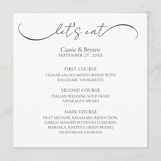 Menu Mariage de script moderne noir et blanc (Devant)
