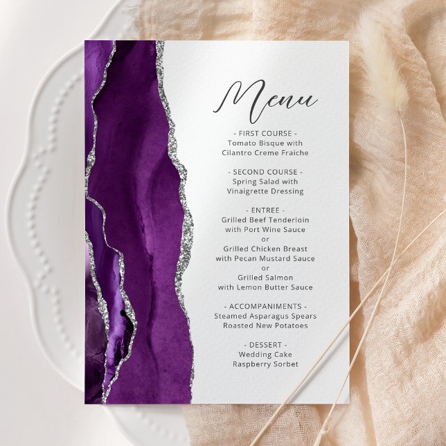 Menu Mariage de script moderne violet Agate Argent (Créateur téléchargé)