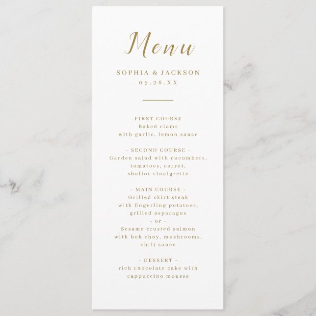 Menu Mariage de script romantique simple or (Devant)
