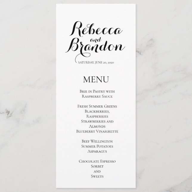 Menu Mariage de script simple noir blanc élégant (Devant)