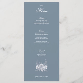 Menu Mariage de style victorien en bleu avec fleurs bla