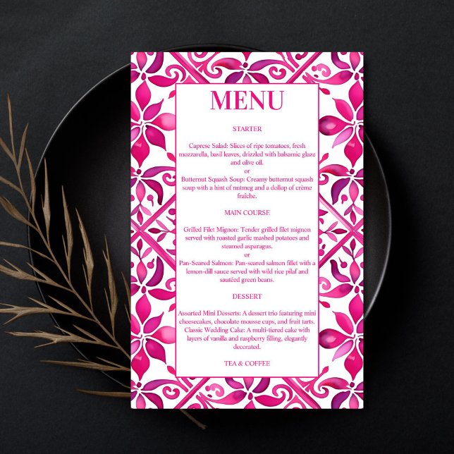 Menu mariage de talavera mexicain rose (Pink Spanish vintage Mexican talavera wedding menu cards colorful tile pattern wedding table decor)