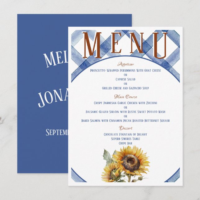 Menu Mariage de tournesol rustique (Devant / Derrière)