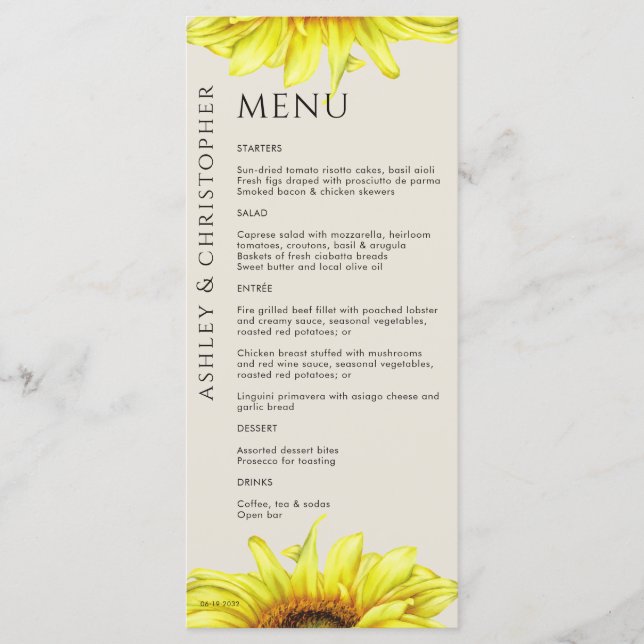 Menu Mariage de tournesol rustique moderne (Devant)